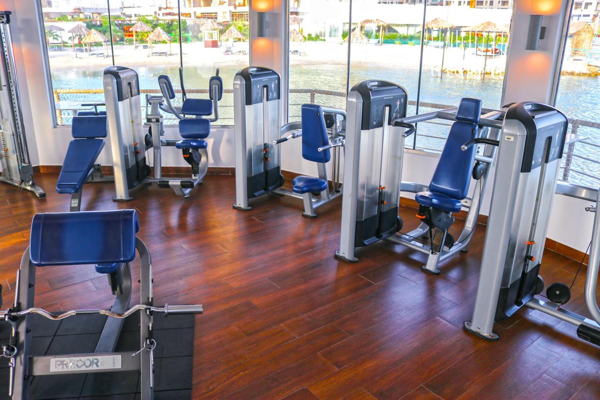 Lagoona Beach Luxury Resort And Spa Manama Exterior foto The photo shows a gym or fitness center with several pieces of exercise equipment. There are multiple machines designed for strength training, including seated machines with padded seats and backrests. The equipment appears to have a modern design an
